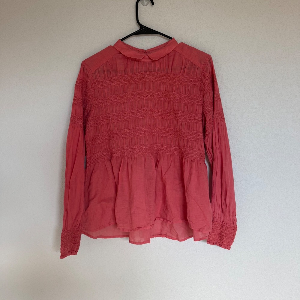 Free People Coral Pink Smocked Peplum Blouse Peter Pan Collar Button Back M